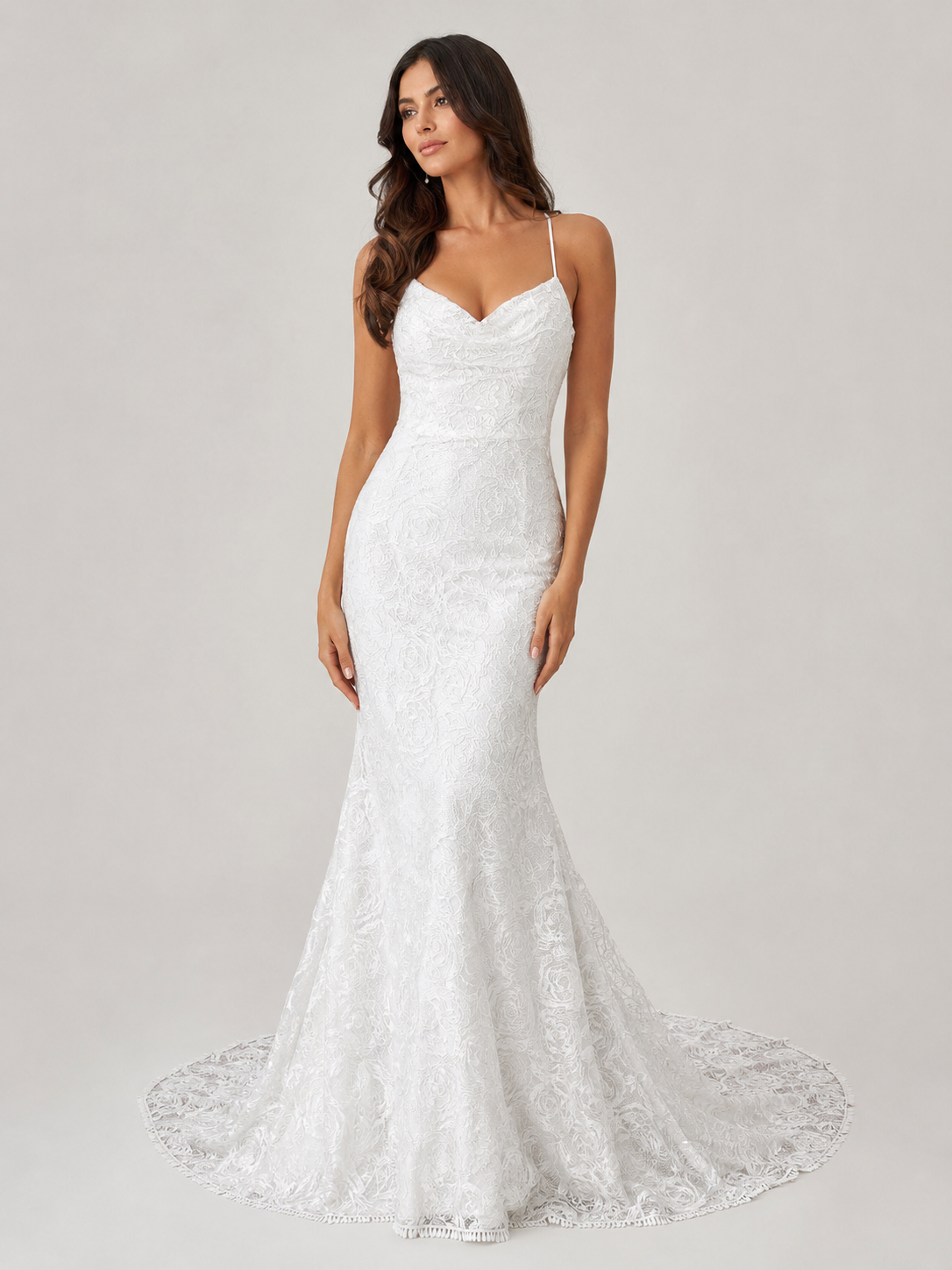 Elegant V-Neck Lace Mermaid Wedding Dress with Crisscross Back and Sweep Train