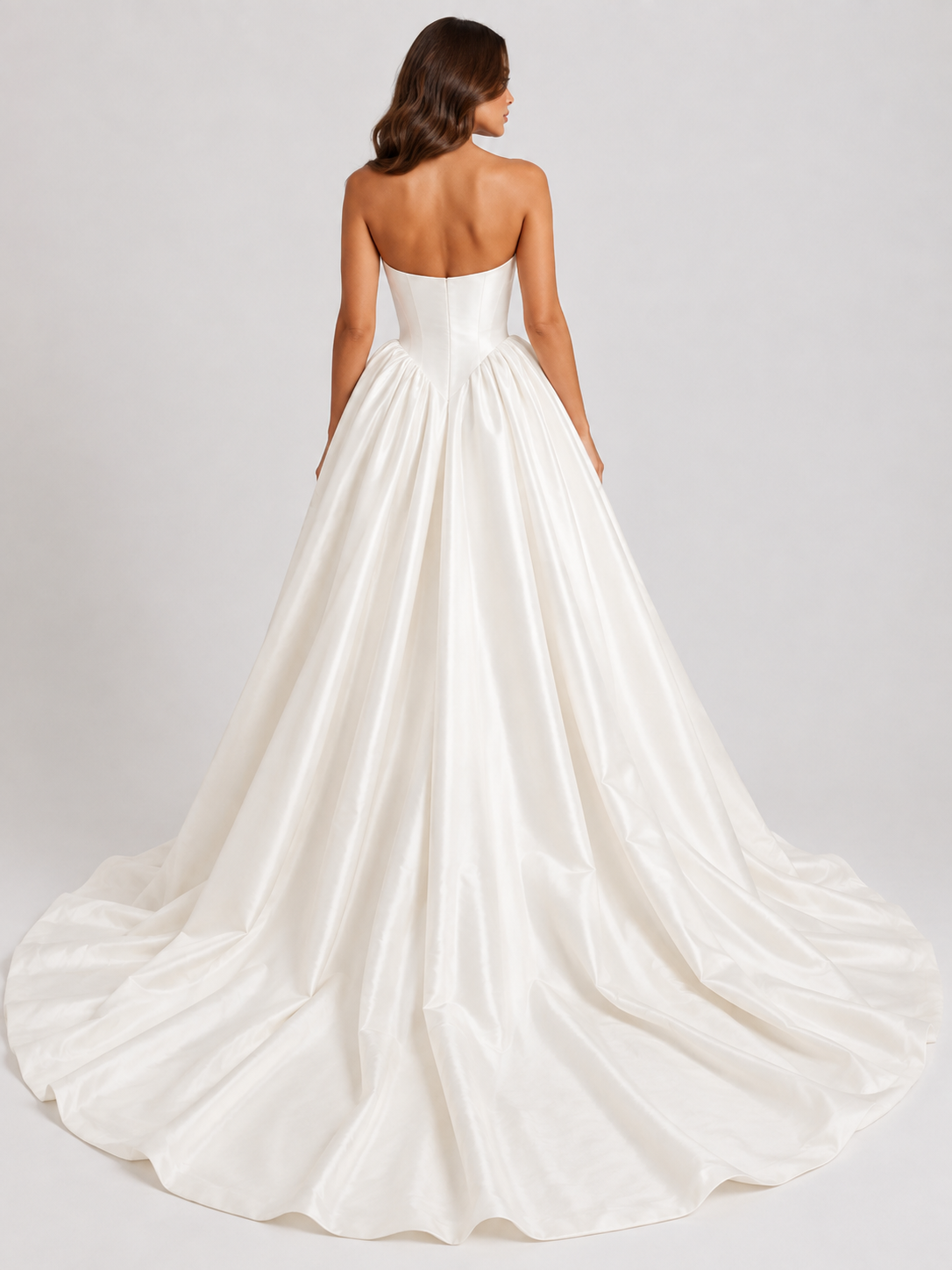 Elegant Strapless Sculpted Bustier Satin Ball Gown Wedding Dress with Chapel Train