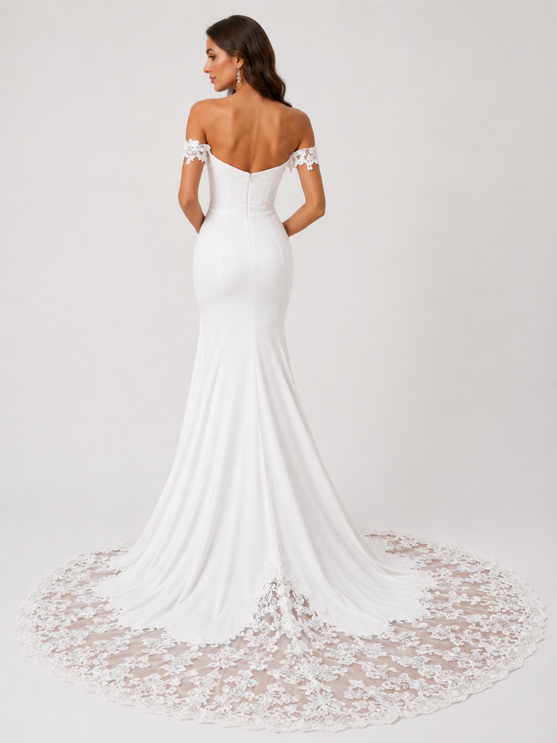 Elegant Off-the-Schouder Ruched Satin Mermaid Wedding Dress with High Slit and Chapel Train