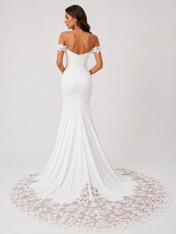 Elegant Off-the-Schouder Ruched Satin Mermaid Wedding Dress with High Slit and Chapel Train