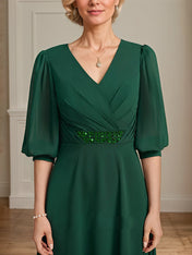 A-line V-Neck Ankle-Length Chiffon Mother of the Bride Dress With Pleated Sequins Beading