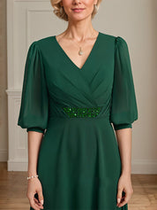A-line V-Neck Ankle-Length Chiffon Mother of the Bride Dress With Pleated Sequins Beading