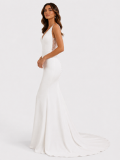 Elegant V-Neck Sheer Illusion Back Satin Mermaid Wedding Dress with Chapel Train
