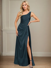 Dark Navy A-Line One Shoulder Floor-Length Satin Bridesmaid Dress With Ruffle