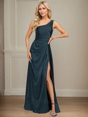 Dark Navy A-Line One Shoulder Floor-Length Satin Bridesmaid Dress With Ruffle