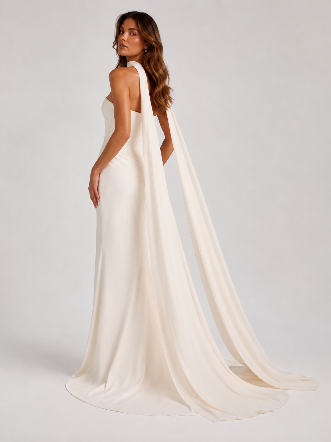 Elegant Strapless Straight-Neck Ruched Sheath Wedding Dress with Draped Neck Scarf and Sweep Train