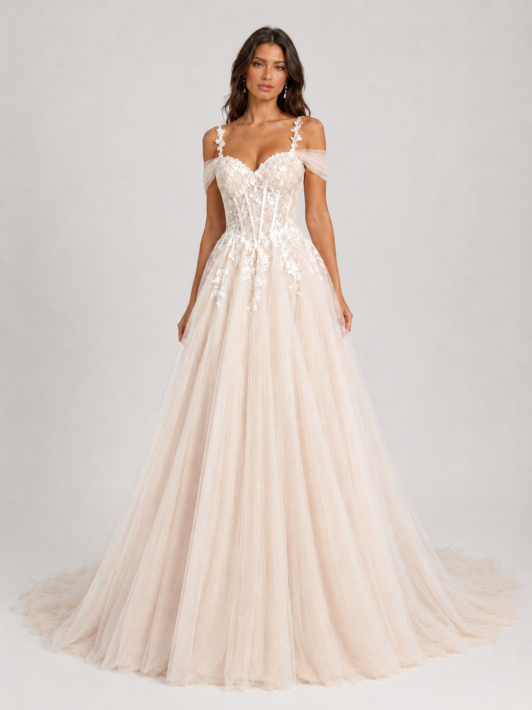 Elegant Floral Applique Tulle A-Line Wedding Dress with Sweep Train