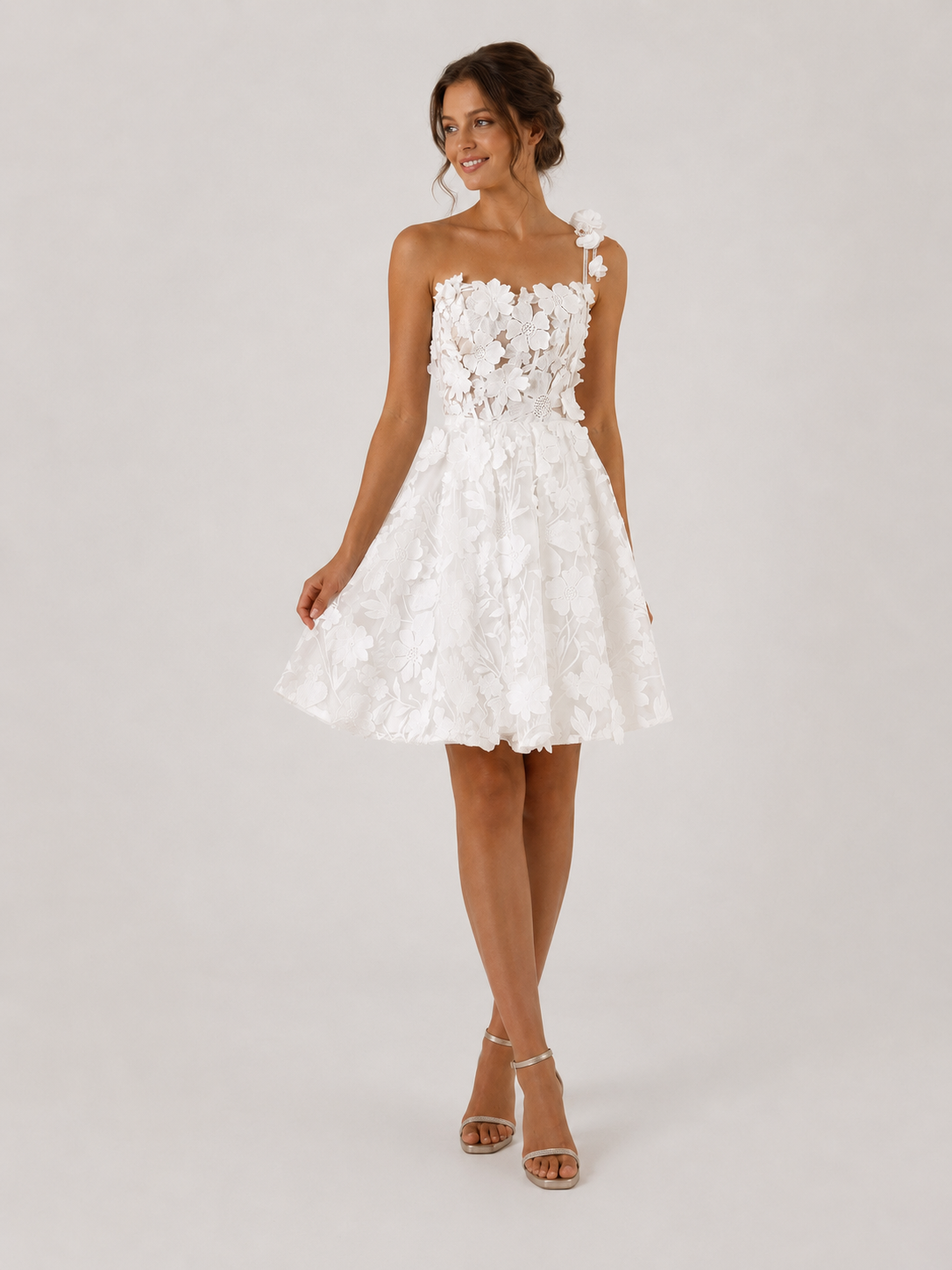 Charming One-Shoulder Floral Applique Short A-Line Wedding Dress