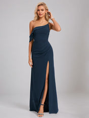 Dark Navy Sheath/Column One Shoulder Sleeveless Floor-Length Chiffon Bridesmaid Dress