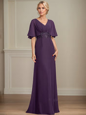 A-Line V-Neck Floor-Length Chiffon Mother of the Bride Dress With Appliques Pleated