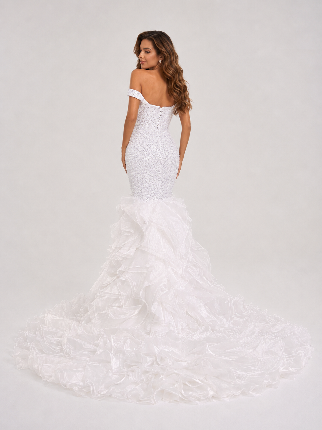 Elegant Off-the-Shoulder Beaded Mermaid Wedding Dress with Ruffled Train