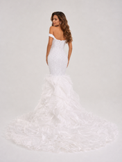Elegant Off-the-Shoulder Beaded Mermaid Wedding Dress with Ruffled Train