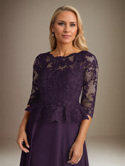 Plum A Line Chiffon Boat neck 3/4 Sleeves Floor Length Dress With Appliques