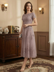 A-line Scoop Tea-Length Tulle Lace Mother of the Bride Dress