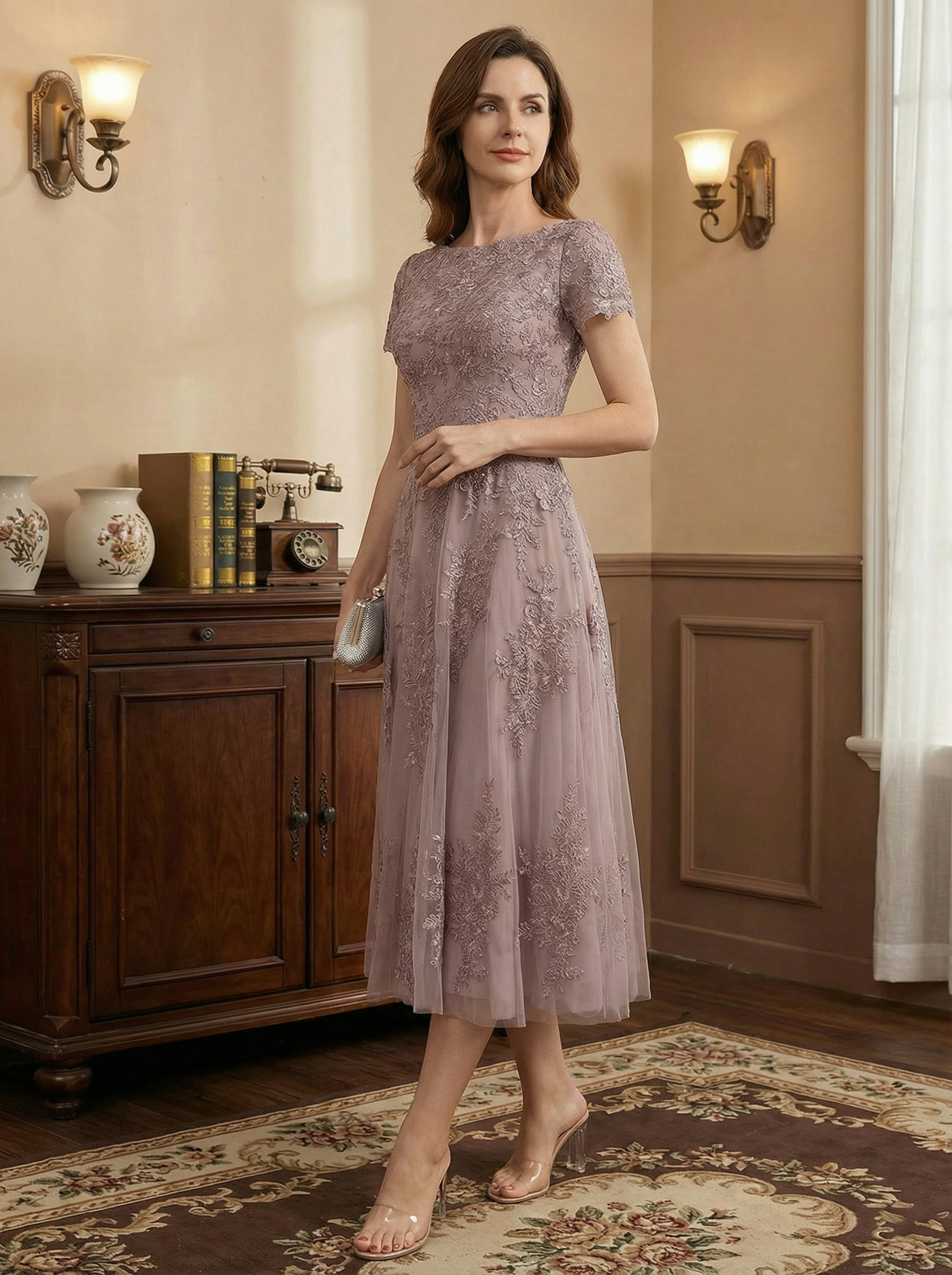 A-line Scoop Tea-Length Tulle Lace Mother of the Bride Dress
