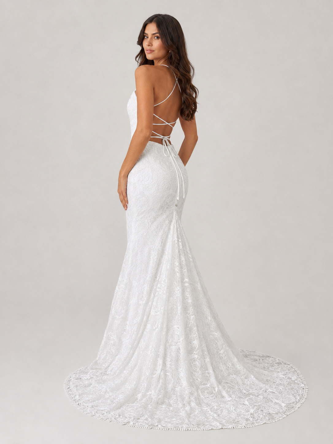 Elegant V-Neck Lace Mermaid Wedding Dress with Crisscross Back and Sweep Train