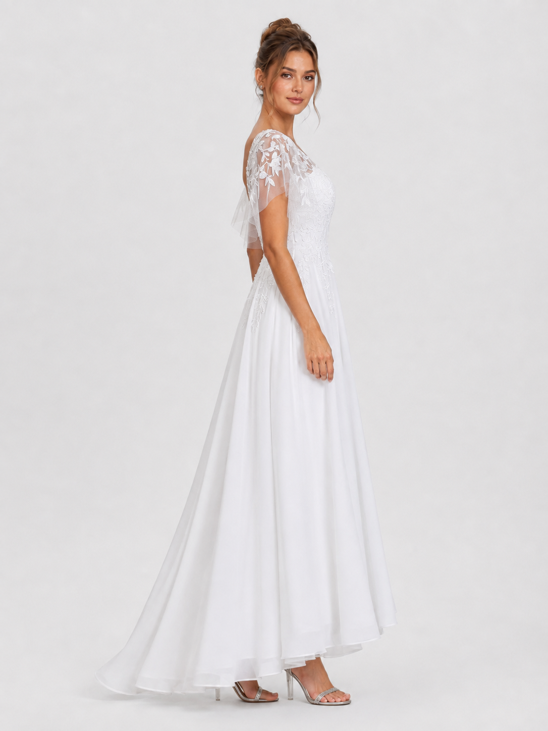 Elegant Flutter Sleeve Embroidered V-Neck Chiffon A-Line Wedding Dress