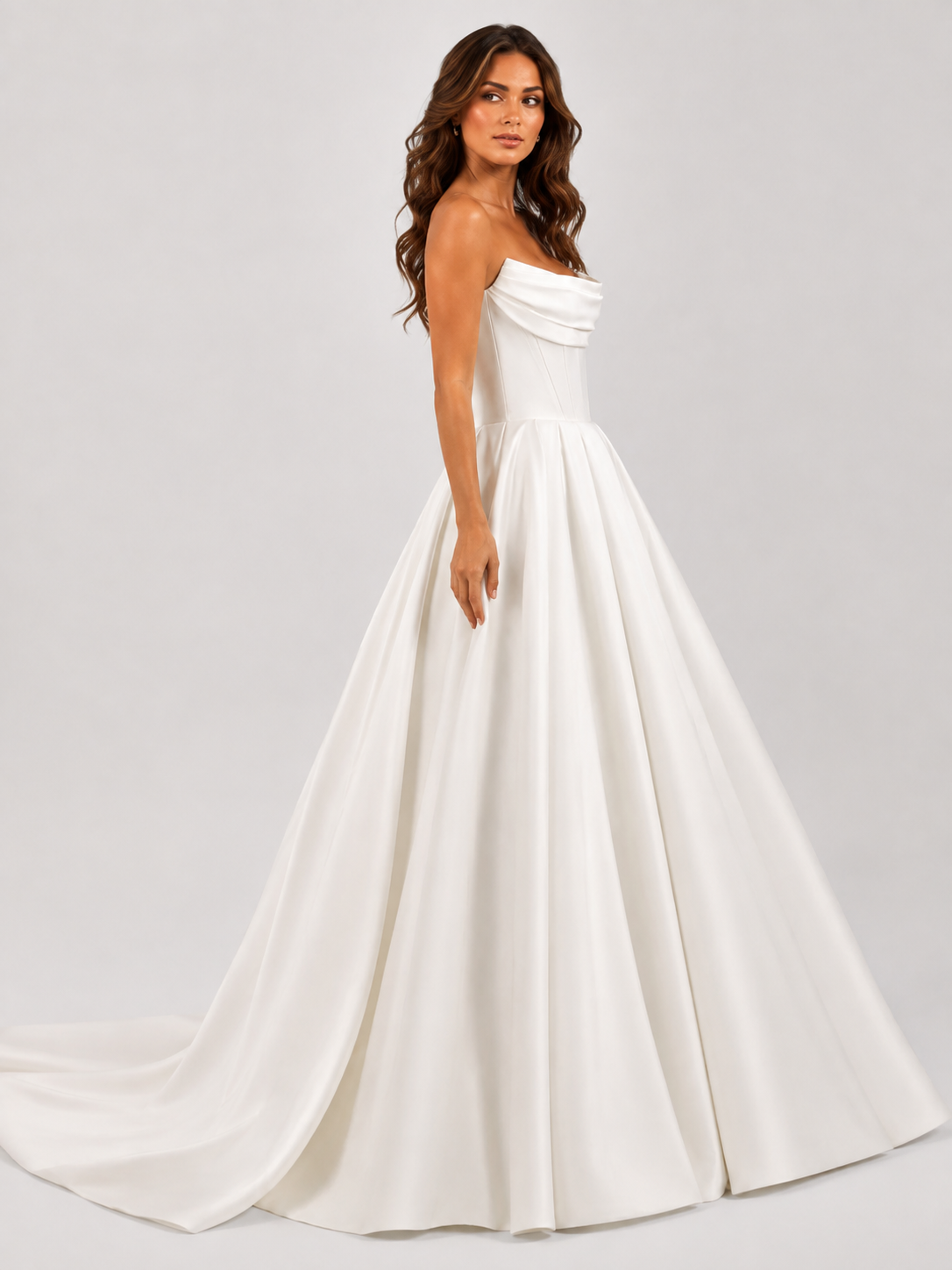 Elegant Strapless Draped Satin A-Line Wedding Dress with Lace-Up Back and Chapel Train