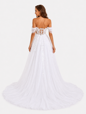 Elegant Off-the-Shoulder 3D Floral Appliquéd Tulle A-Line Wedding Dress with High Slit and Chapel Train