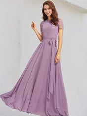 Wisteria A-Line Scoop Floor-Length Lace Chiffon Bridesmaid Dress
