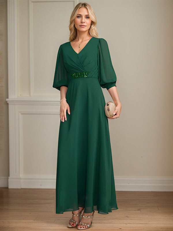 A-line V-Neck Ankle-Length Chiffon Mother of the Bride Dress With Pleated Sequins Beading