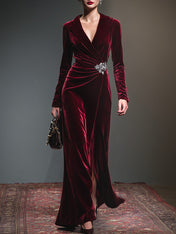 Retro-style Lapel Pleated Velvet Maxi Dress