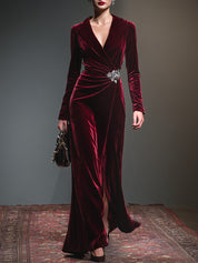 Retro-style Lapel Pleated Velvet Maxi Dress