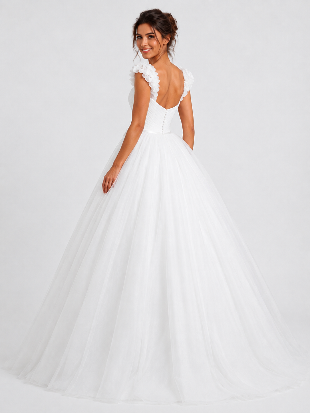 Elegant Ruched Tulle A-Line Wedding Dress with Ruffled Floral Straps and Chapel Train
