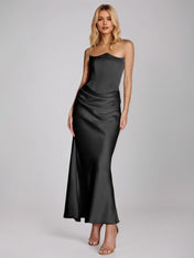Black Satin Sheath/Column Off The Shoulder Sleeveless Floor Length Dress