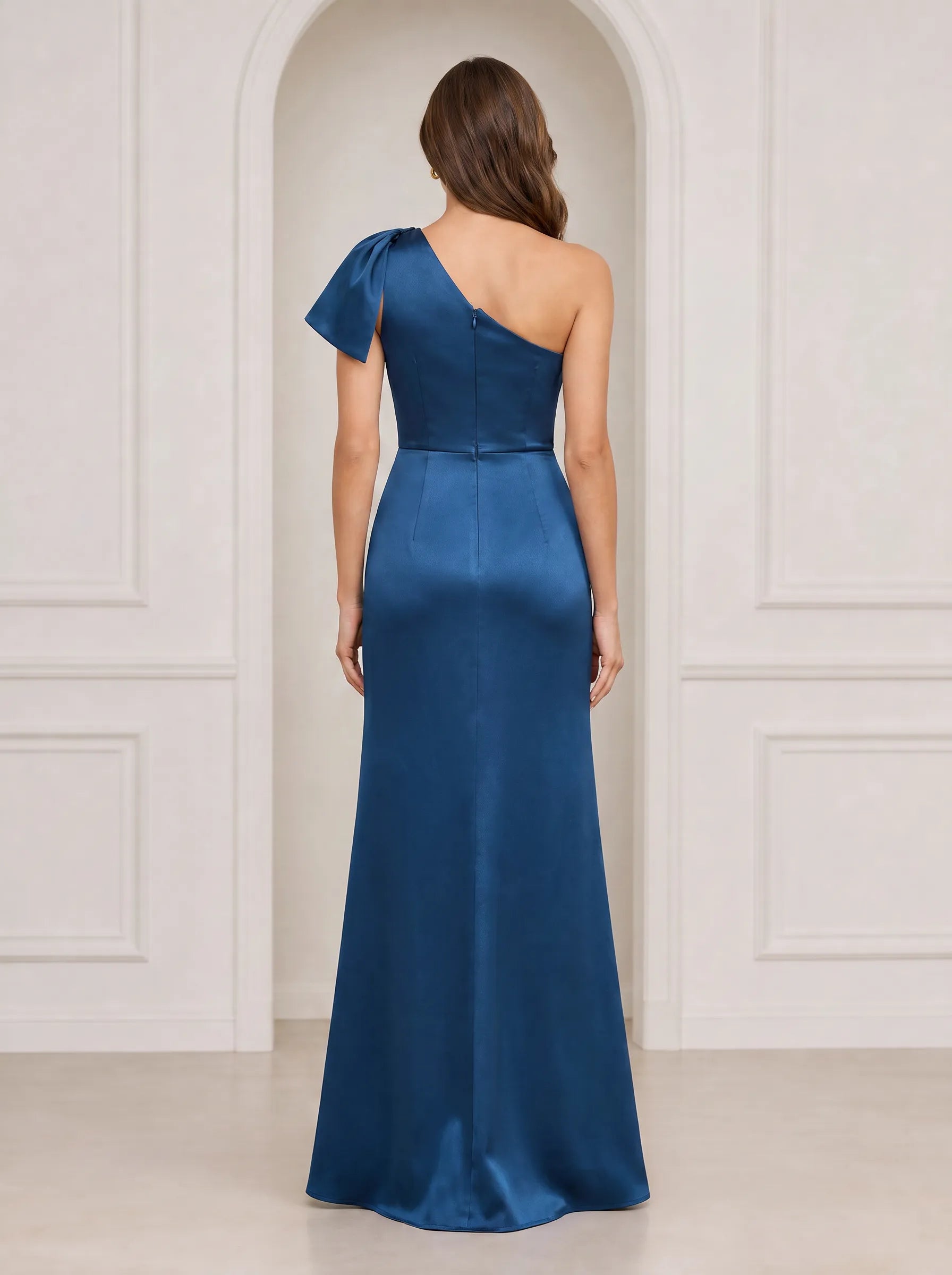 One-Shoulder Satin Column Gown with Ruffled Shoulder Accent and High Slit Bridesmaid Dress