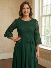 A-line Scoop Ankle-Length Lace Chiffon Mother of the Bride Dress With Bow