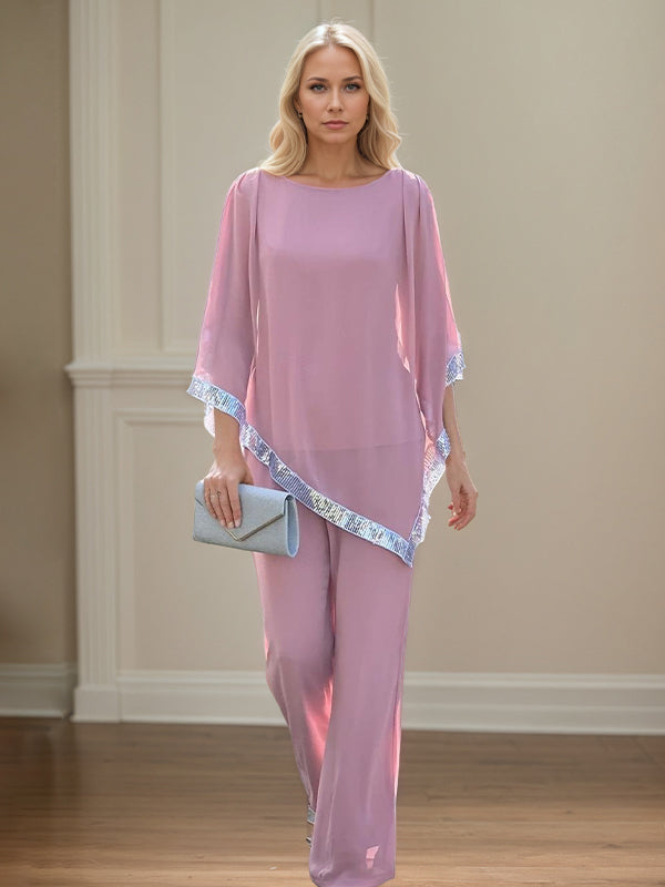  Pantsuit Crew Neck Chiffon Mother of the Bride Dress