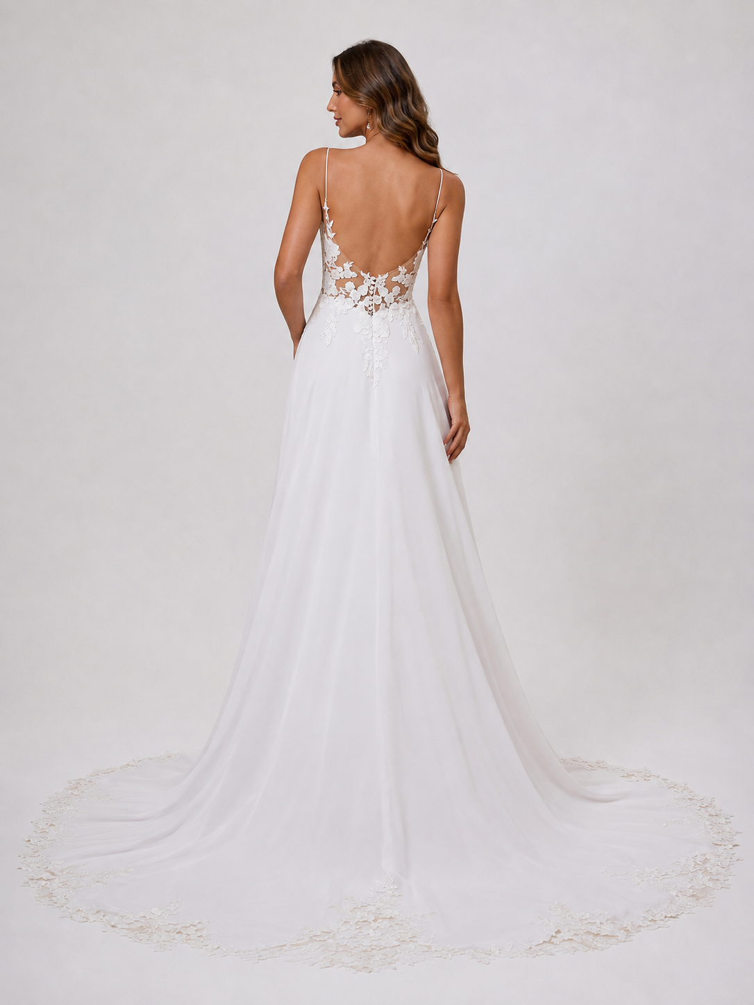 Elegant V-Neck Spaghetti Strap Lace Appliquéd Chiffon A-Line Wedding Dress with Low Back and Chapel Train