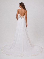 Elegant V-Neck Spaghetti Strap Lace Appliquéd Chiffon A-Line Wedding Dress with Low Back and Chapel Train