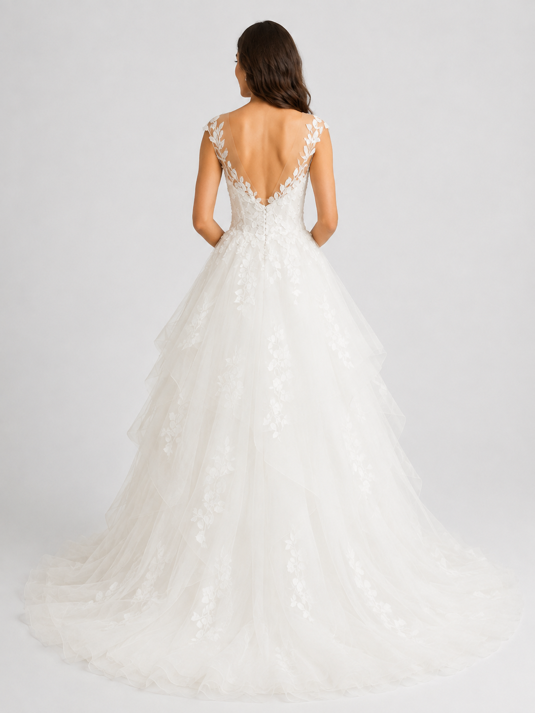 Elegant V-Neck Lace Applique Tulle A-Line Wedding Dress with Sweep Train