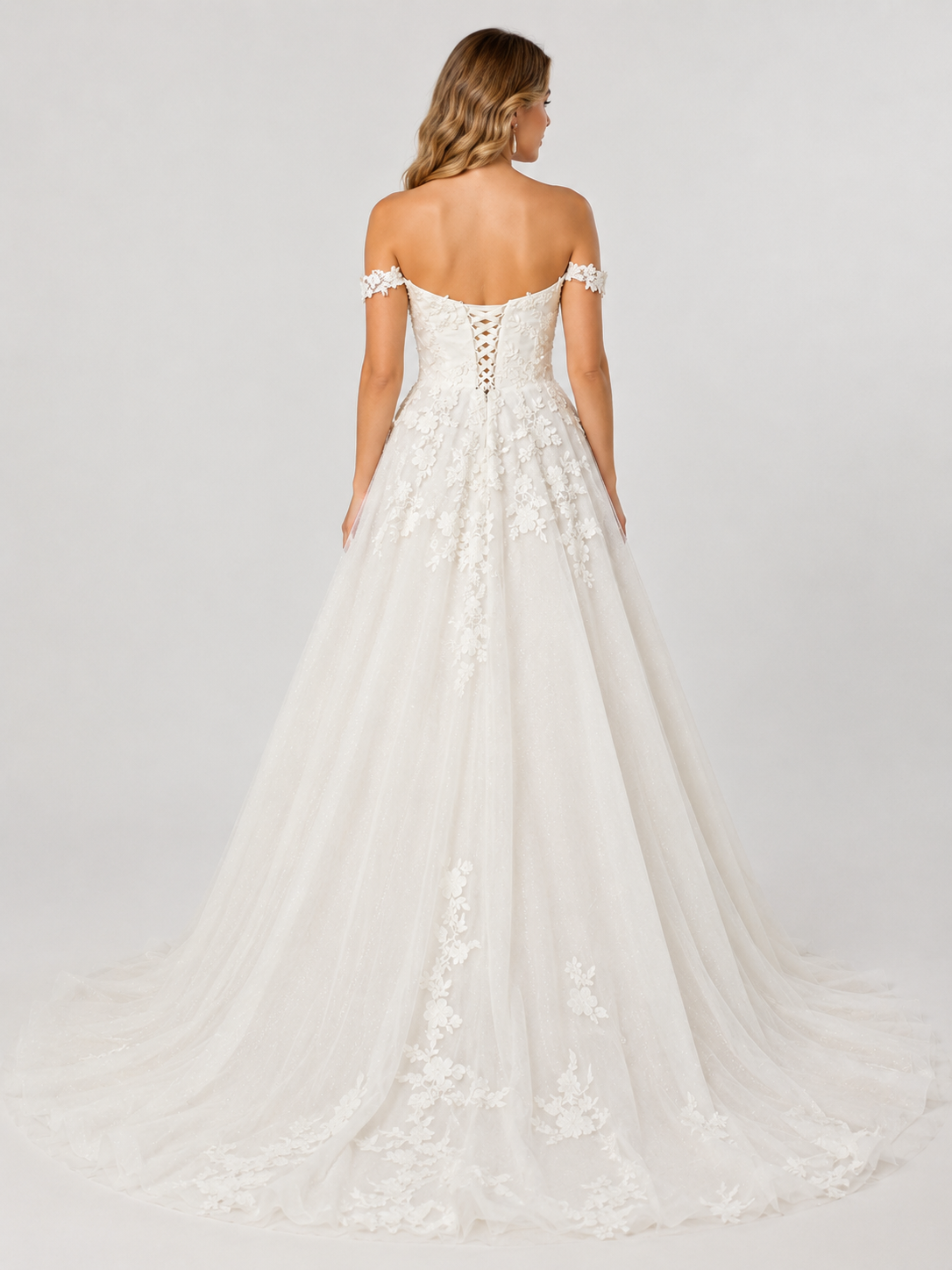 Elegant Off-the-Shoulder Lace Applique Tulle A-Line Wedding Dress with Corset Back and Chapel Train