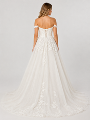 Elegant Off-the-Shoulder Lace Applique Tulle A-Line Wedding Dress with Corset Back and Chapel Train