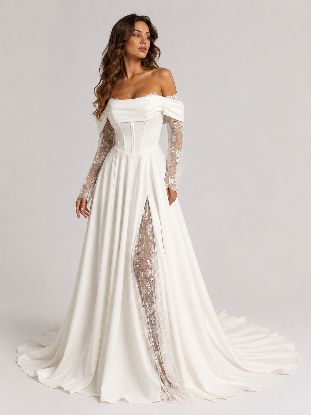 Elegant Off-the-Shoulder Corset Satin A-Line Wedding Dress with Lace Sleeves and High Slit