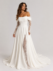 Elegant Off-the-Shoulder Corset Satin A-Line Wedding Dress with Lace Sleeves and High Slit