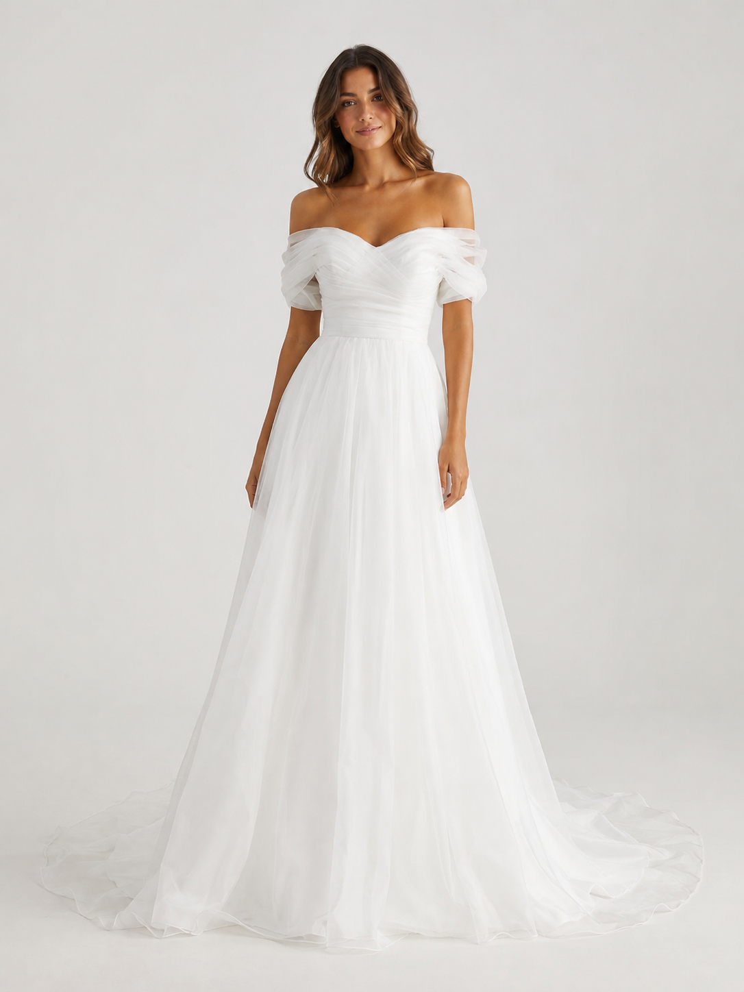 Elegant Off-the-Shoulder Ruched Tulle A-Line Wedding Dress with Chapel Train
