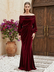 Burgundy Off-the-Shoulder Draped Velvet Evening Dress