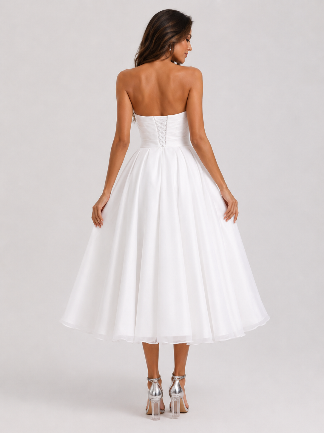 Elegant Strapless Ruched Satin A-Line Midi Wedding Dress