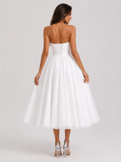 Elegant Strapless Ruched Satin A-Line Midi Wedding Dress