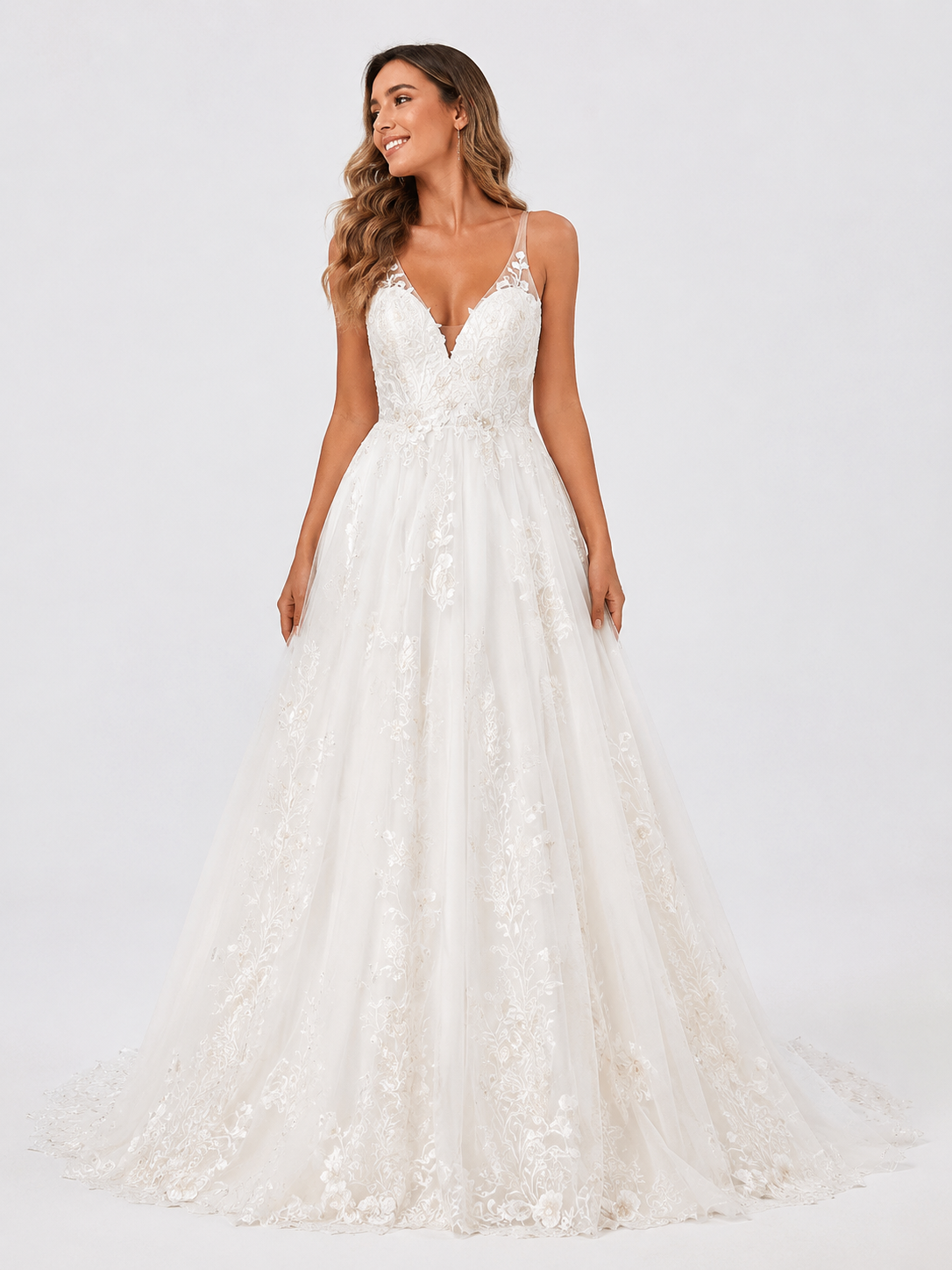 Elegant V-Neck Spaghetti Strap Lace Appliquéd Tulle A-Line Wedding Dress with Chapel Train
