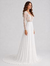 Elegant Long-Sleeve Lace Bodice Chiffon A-Line Wedding Dress with Sweep Train