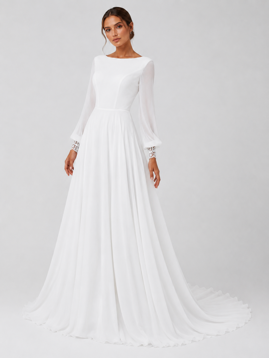 Elegant Boat Neck Long Sleeve Chiffon A-Line Wedding Dress with Lace Trimmed V-Back and Chapel Train