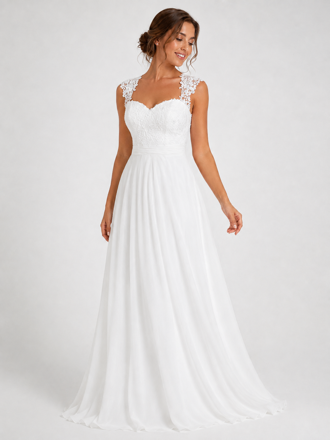 Elegant Sweetheart Lace Bodice Chiffon A-Line Wedding Dress with Chapel Train