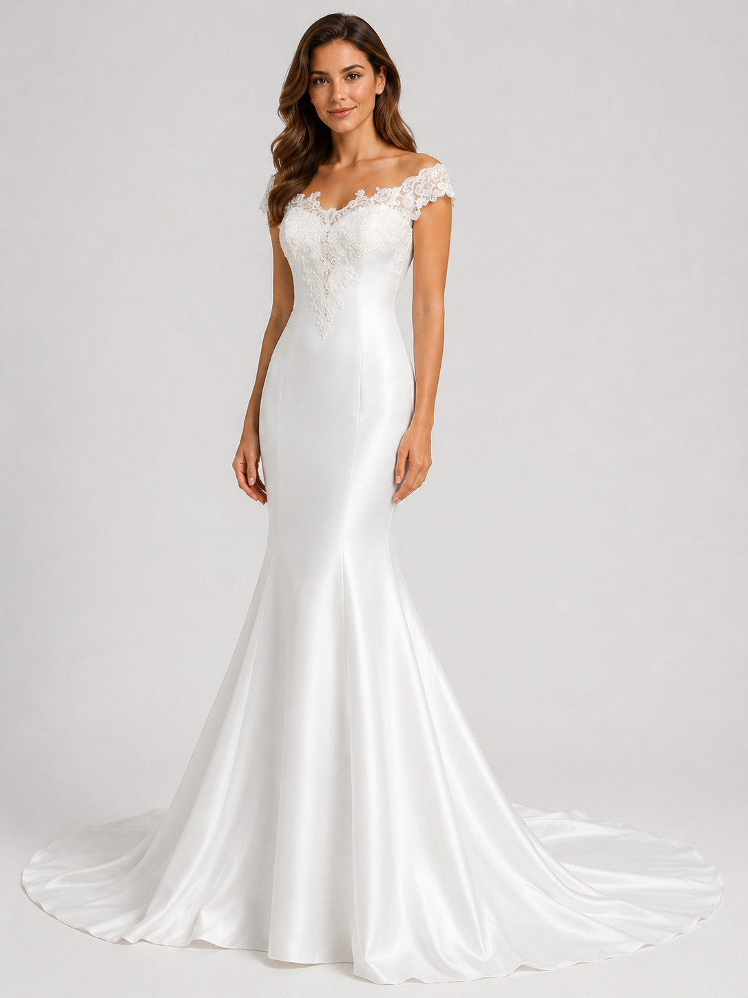 Elegant Off-the-Shoulder Lace-Embellished Satin Mermaid Wedding Dress with Chapel Train