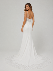 Elegant Illusion Lace Applique Spaghetti Strap Sheath Wedding Dress with Sweep Train