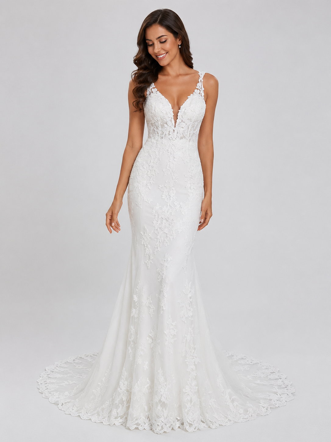 Elegant Deep V-Neck Plunging Lace Applique Mermaid Wedding Dress with Chapel Train
